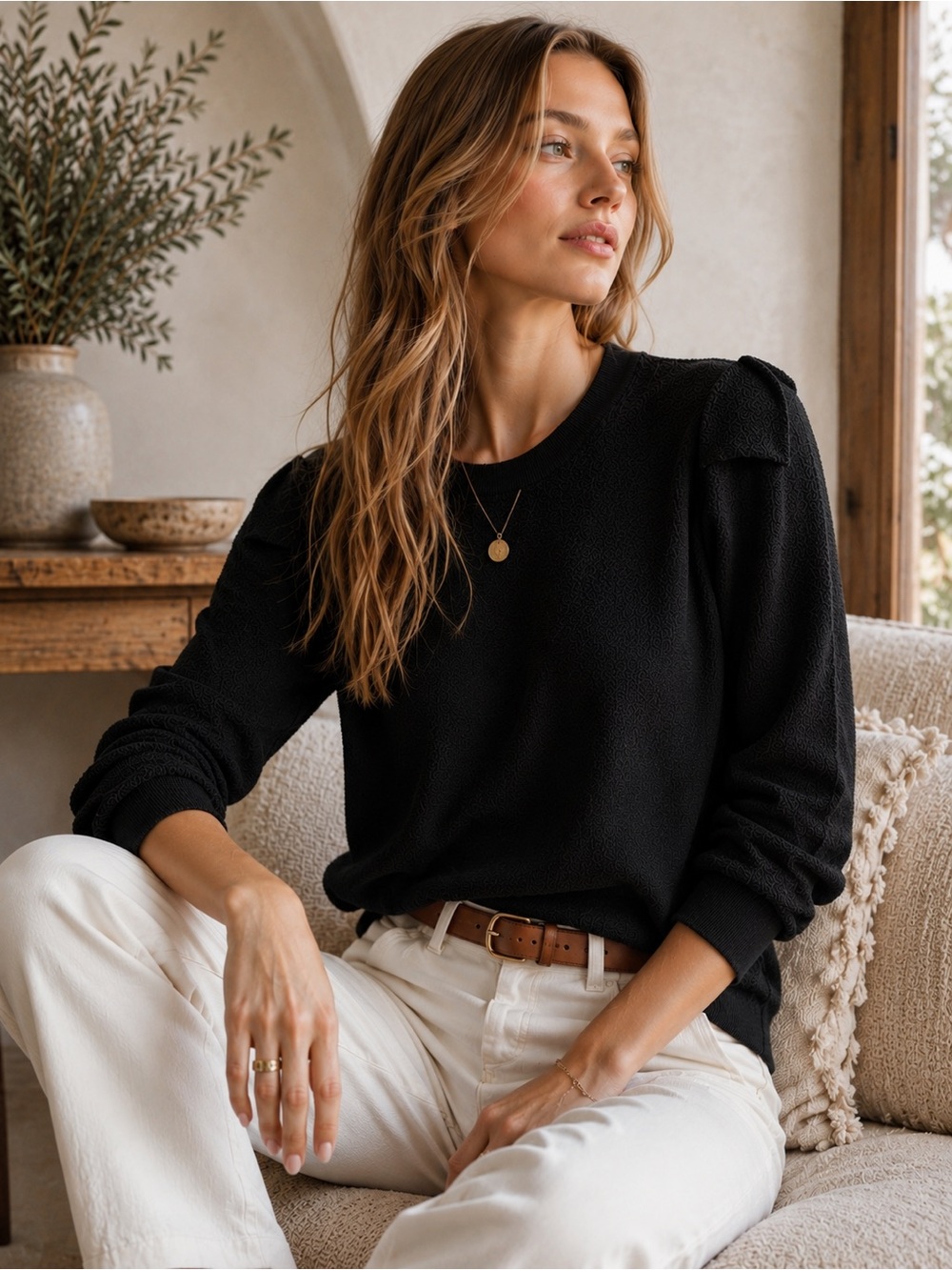 Catherine Malandrino Black Textured Knit Sweater Large Minimalist Quiet Luxury - Picture 1 of 8